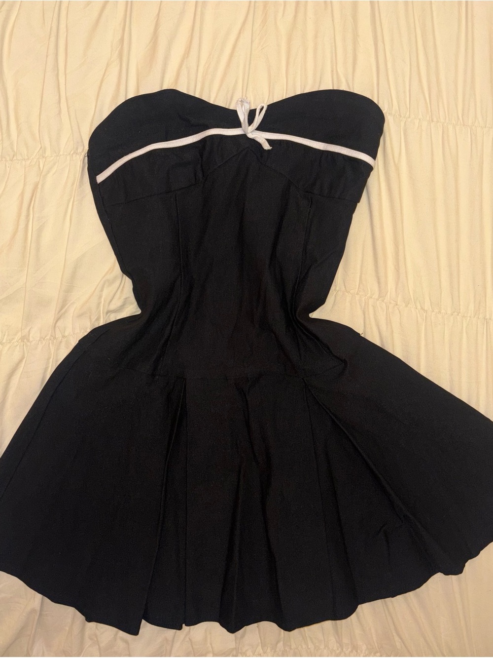 Strapless Black Fit-and-Flare Dress with White Trim